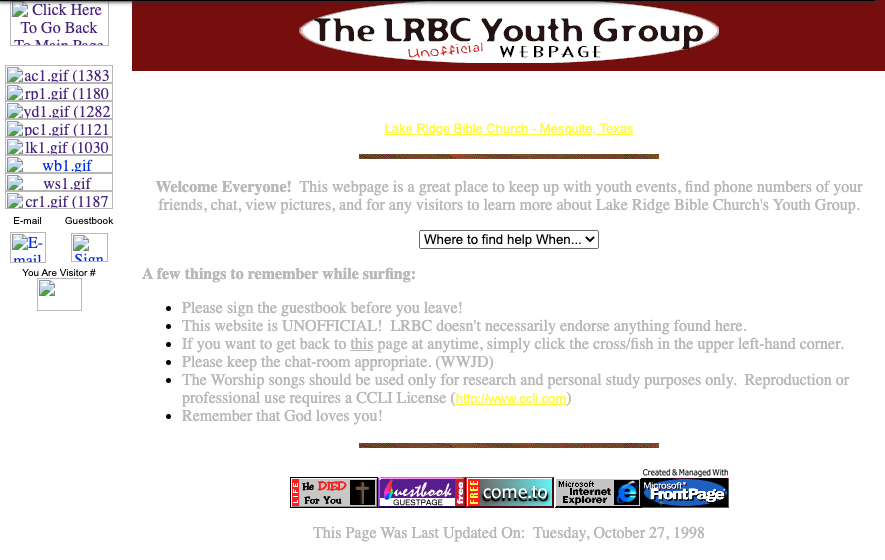 Lake Ridge Bible Church Youth Group Webpage from 1999