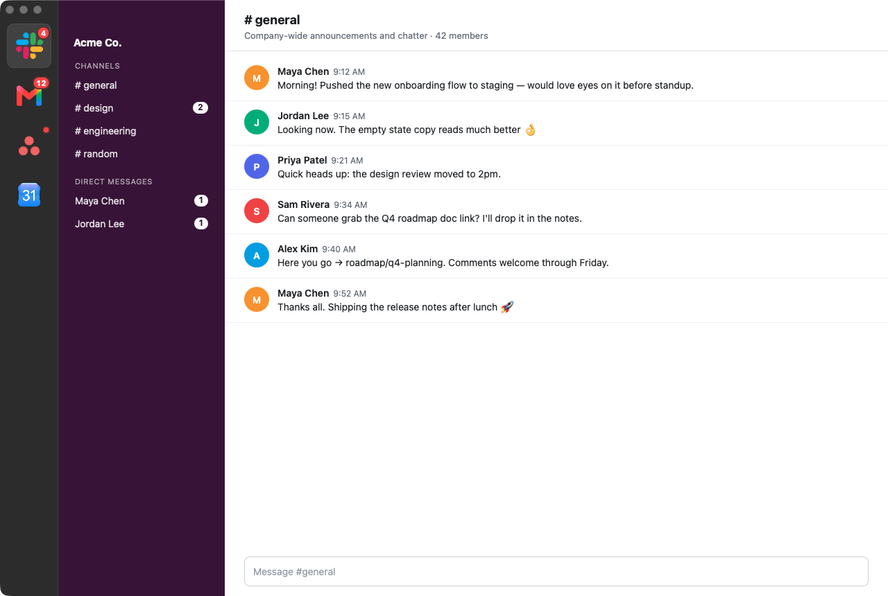 Switchboard with Slack selected, showing count and dot badges in the sidebar